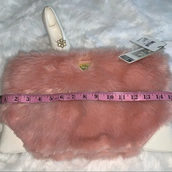JOYRICH pink Faux fur fluffy zippered clutch, toiletries bag NWT w/golde… - Picture 8 of 13